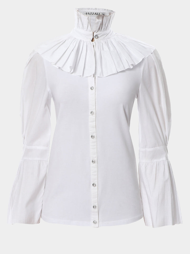 Victorian Pleated Collar Cotton Blouse With Pleated Trumpet Sleeves