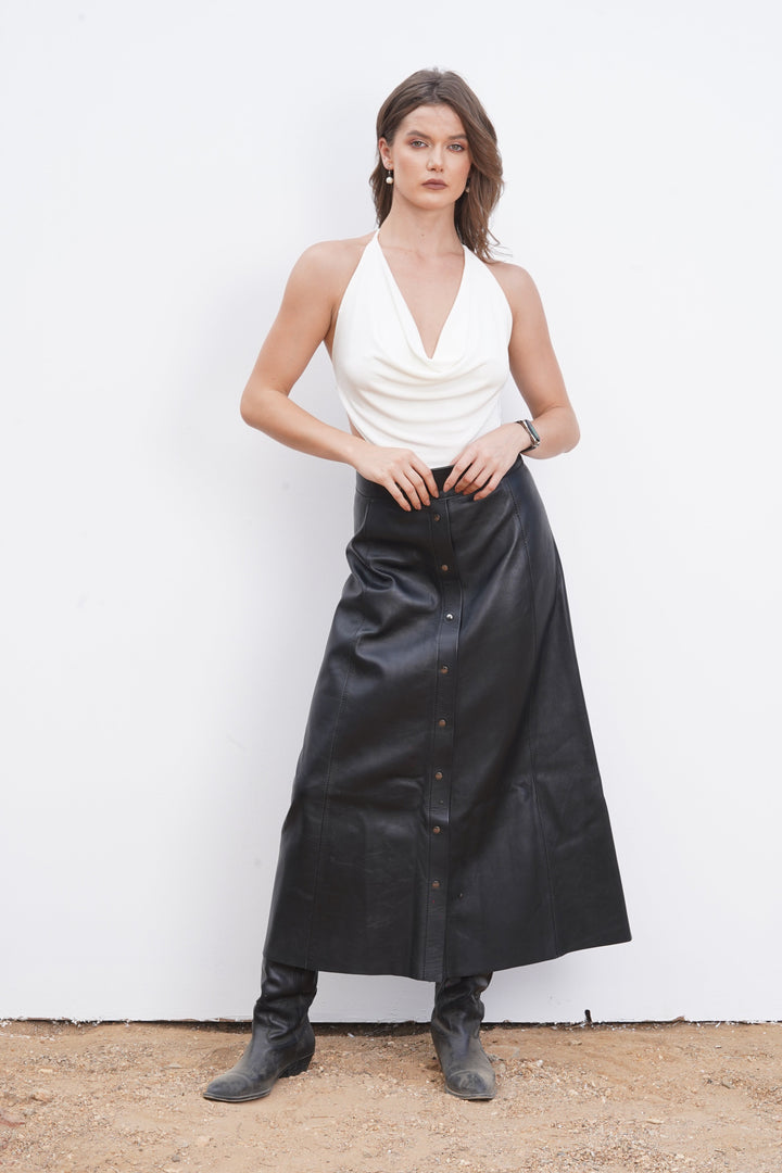 Black Maxi Leather Skirt With Front Buttons