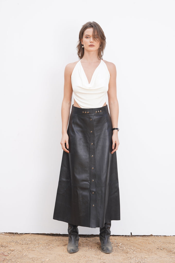 Black Maxi Leather Skirt With Front Buttons