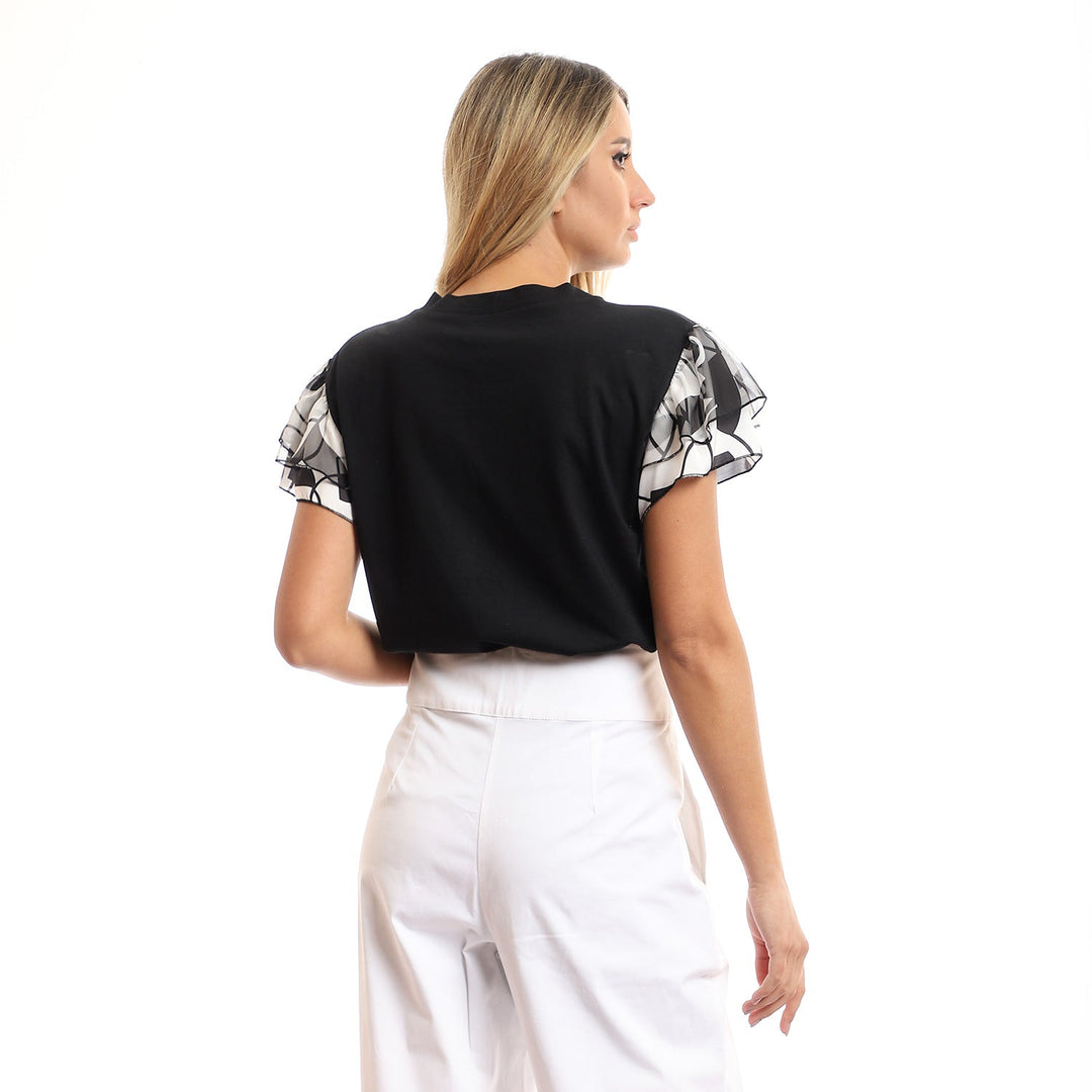 T-Shirt With Chiffon Sleeves And Trim Around Pocket