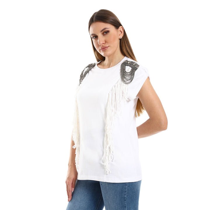 Tshirt With Fringes And Embellishments