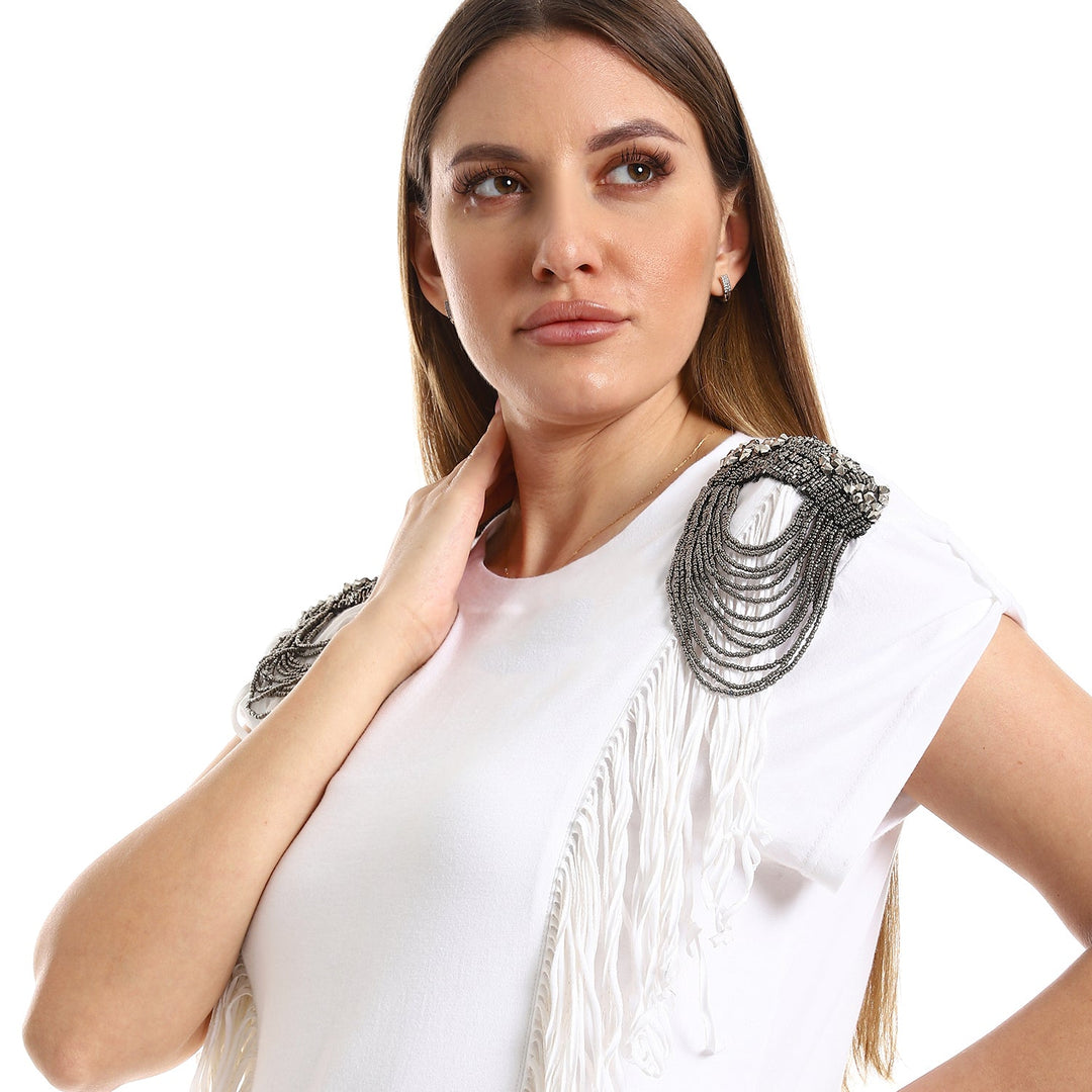 Tshirt With Fringes And Embellishments