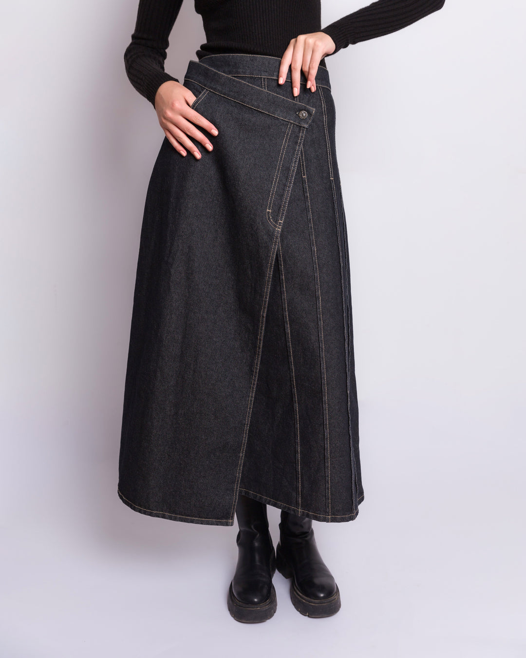 Black Denim Cross Over Maxi Skirt