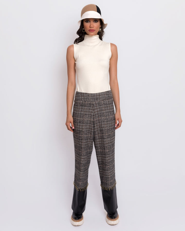 Wool Patterned Pants With Leather Trim And Ring Detail