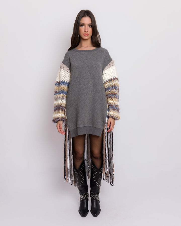 Grey High Low Pullover Dress With Knitted Back And Sleeves