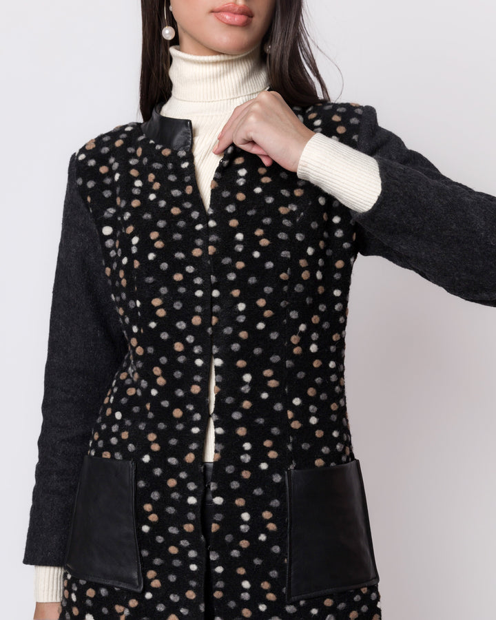 Front Open Wool Polka Dots Multi Colored Coat With Leather Pockets And Neckline