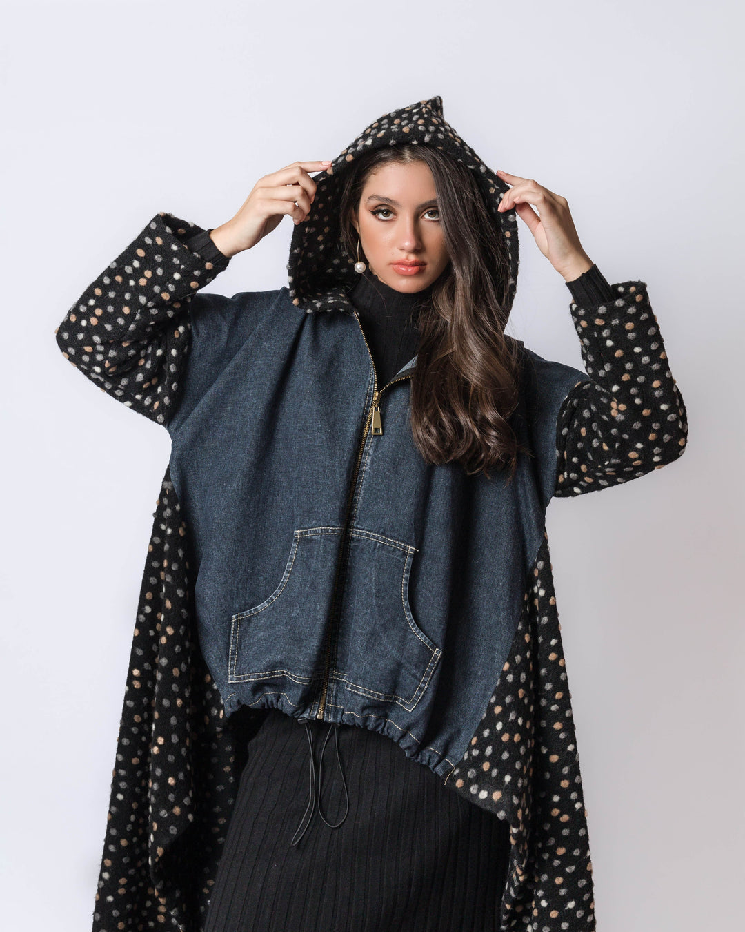 High Low Denim Hooded Jacket With Knitted Back And Sleeve