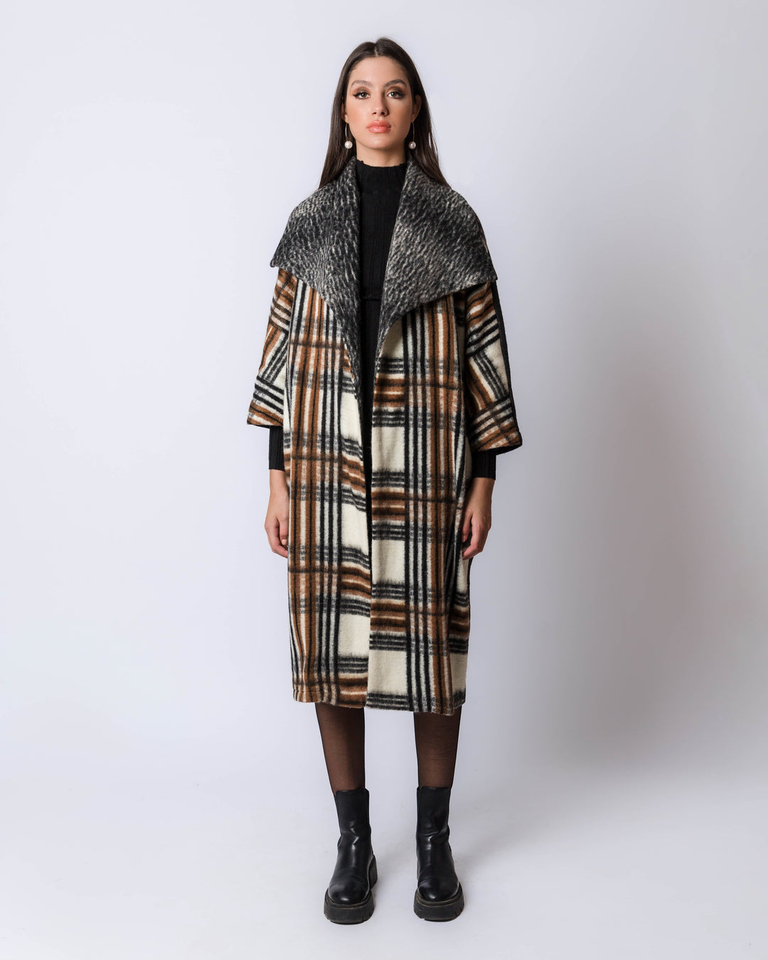 Wool Multi Colored  Plaid Coat With Grey Neck Lapel
