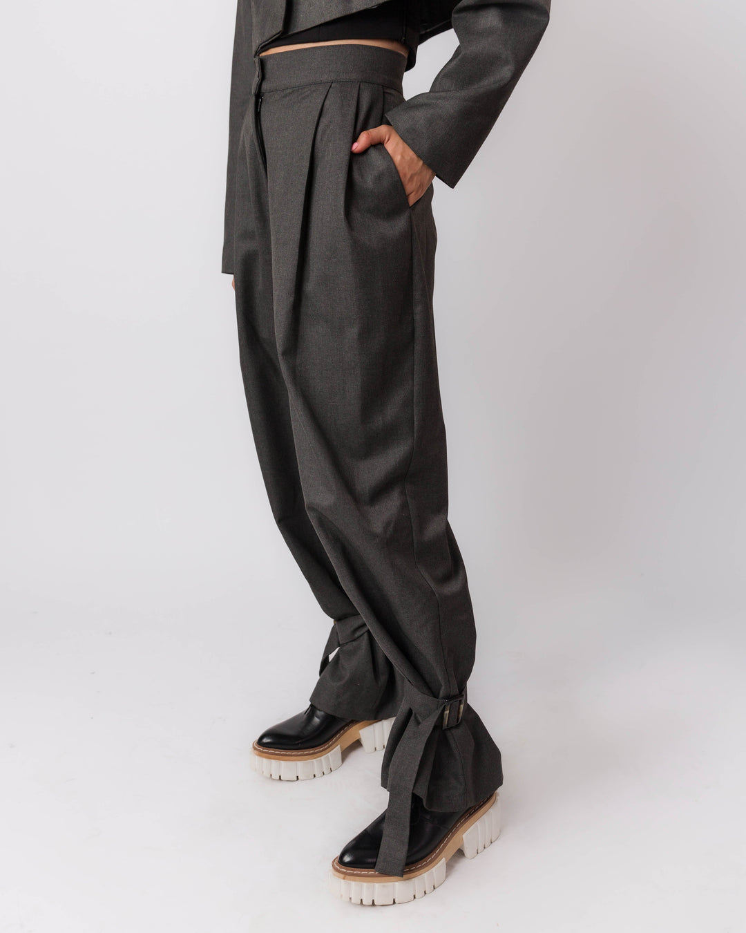 Grey High Rise Pants With Front Pleats
