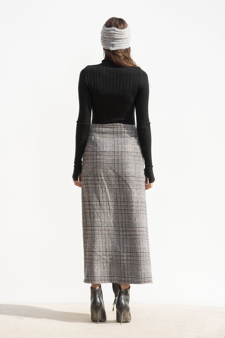 Plaid Maxi Skirt With Front Fringed Layer