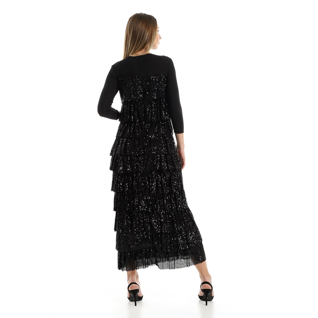 Layered Ruffles Sequin Maxi Dress With Long Sleeves