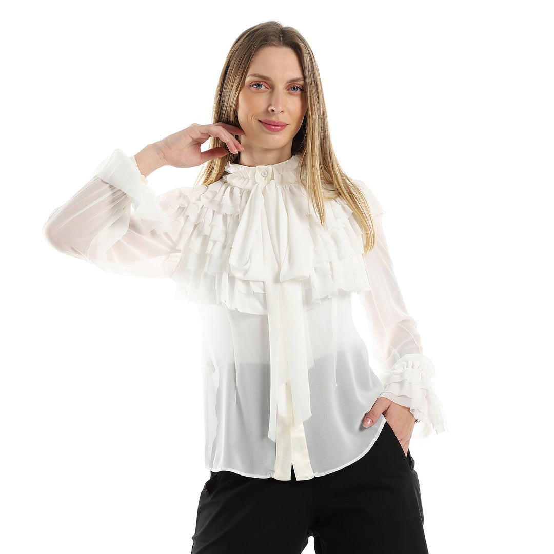 Chiffon Blouse With Ruffled Placket And Sleeves