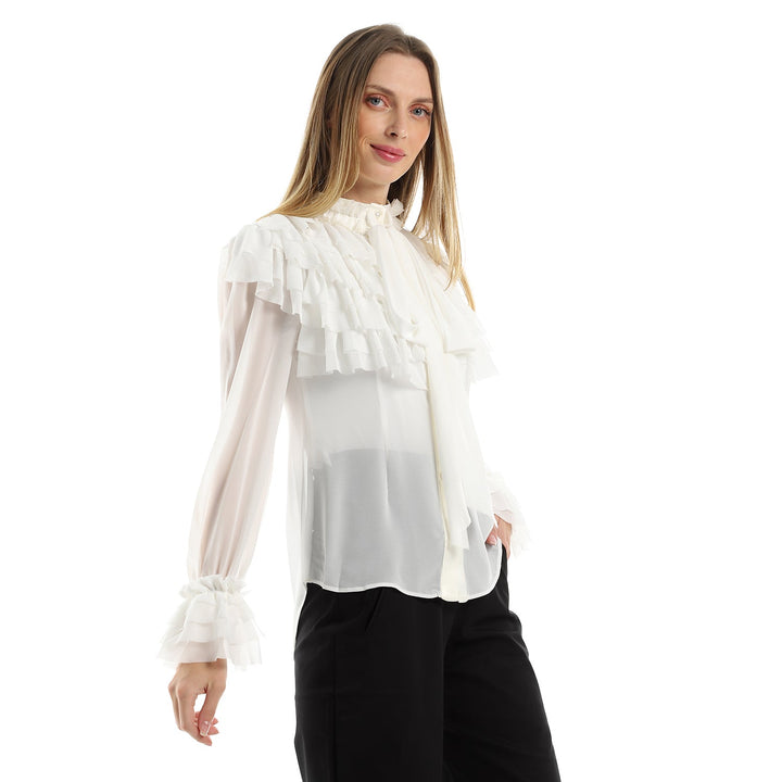 Chiffon Blouse With Ruffled Placket And Sleeves