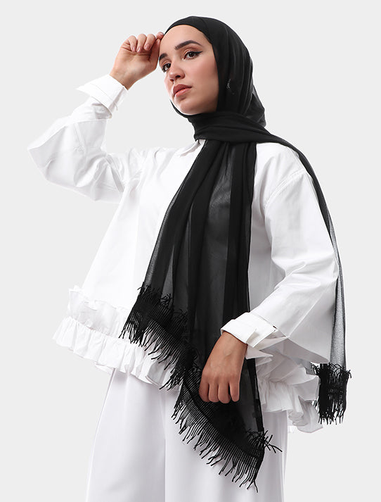 Crepe Chiffon Scarf With Fringes Trim