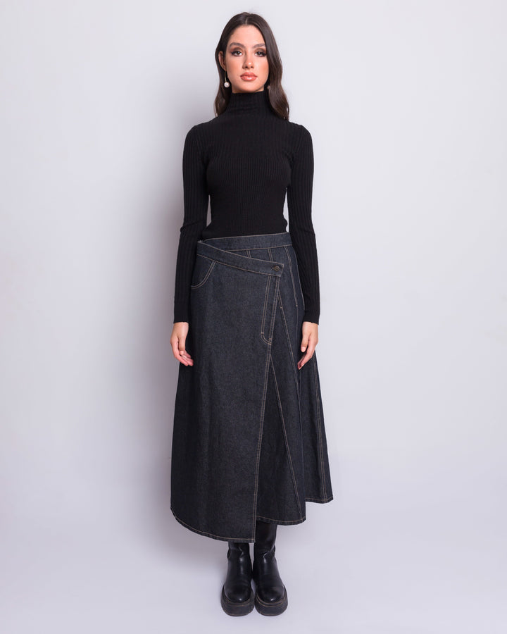 Black Denim Cross Over Maxi Skirt